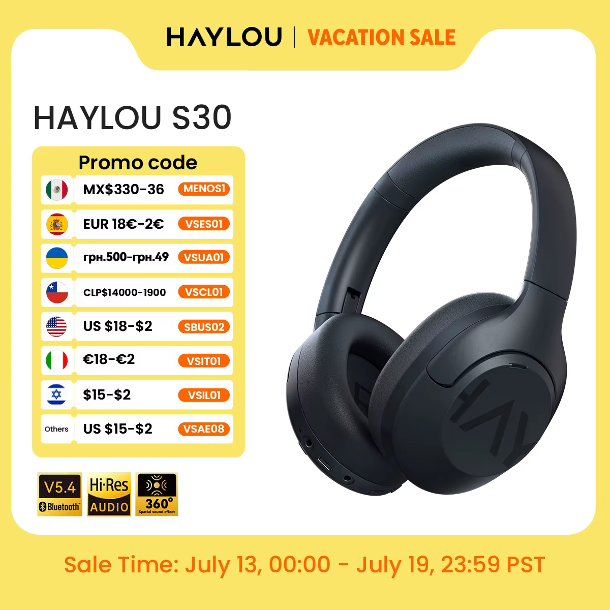 HAYLOU S30 Wireless Bluetooth 5.4 Headphones 43dB Adaptive Noise Cancelling Headsets 40mm Driver 80H Playtime Earphones