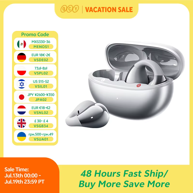 QCY Crossky C30S Open Ear Wireless Earphones Hi-Res with LDAC Ear Clip Earbuds Bluetooth 6.0 Clip On OWS Sports Headphones 40Hrs