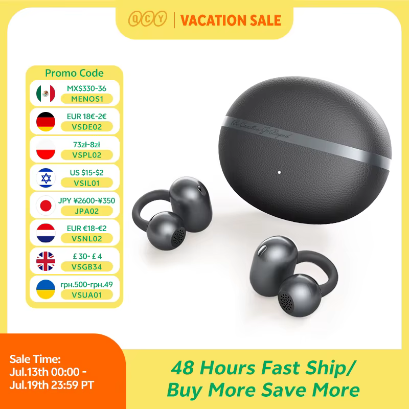 QCY Crossky C50 Open Ear Wireless Earbuds Bluetooth 6.0 Comfort Clip On Sports Earphone 4 Mic AI Clear Call Bass Boost Headphone