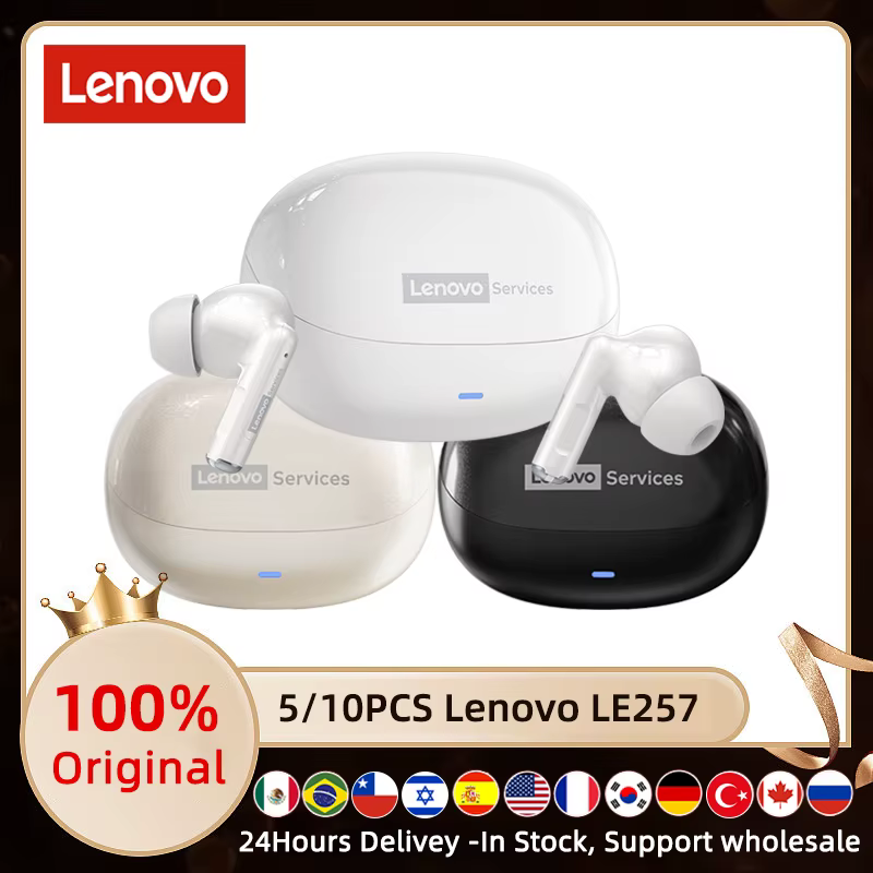 5/10PCS Lenovo LE257 Headphones TWS Wireless Bluetooth 6.0 HiFi Sound ENC Call Noise Reduction Touch Control with Mic Earphones