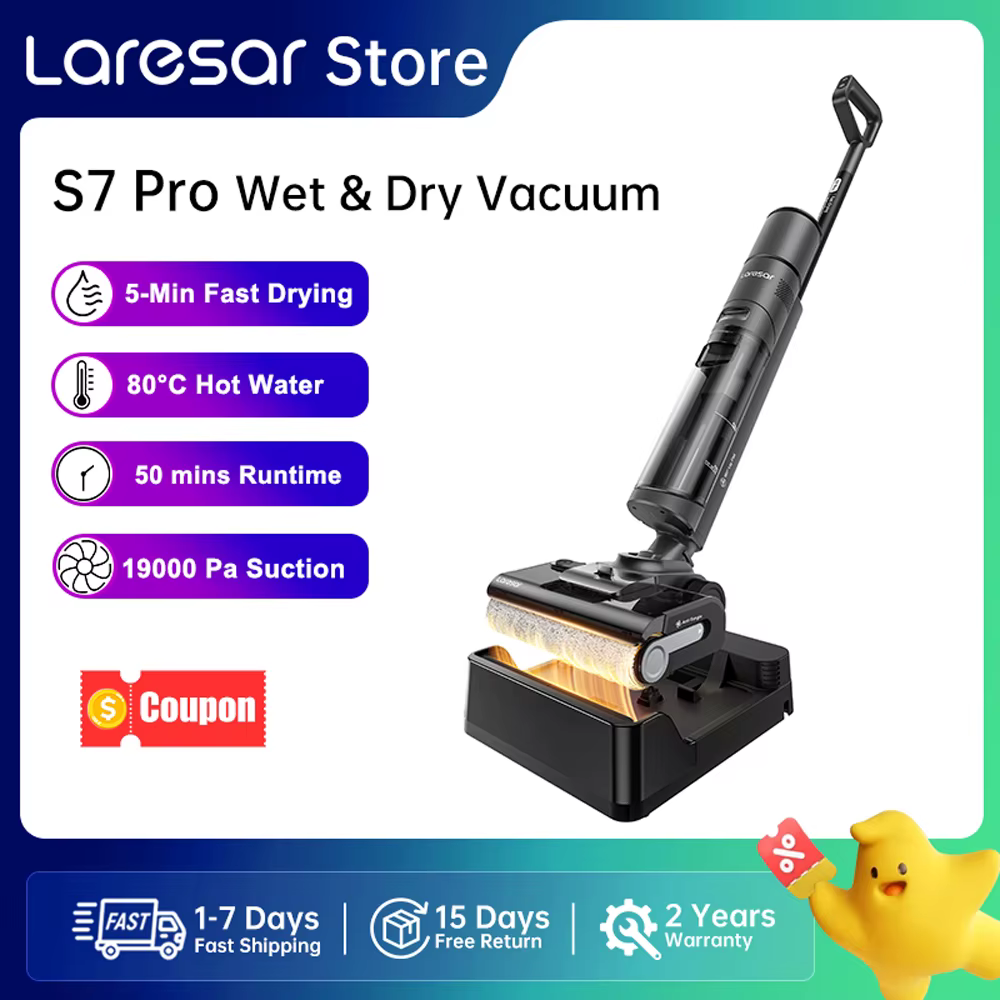 Laresar S7 Pro Cordless Wet Dry Vacuum Cleaner Mop, Lay-Flat 5-Min Drying 80°C Hot Wash 19000 Pa 50min Runtime Home Floor Washer