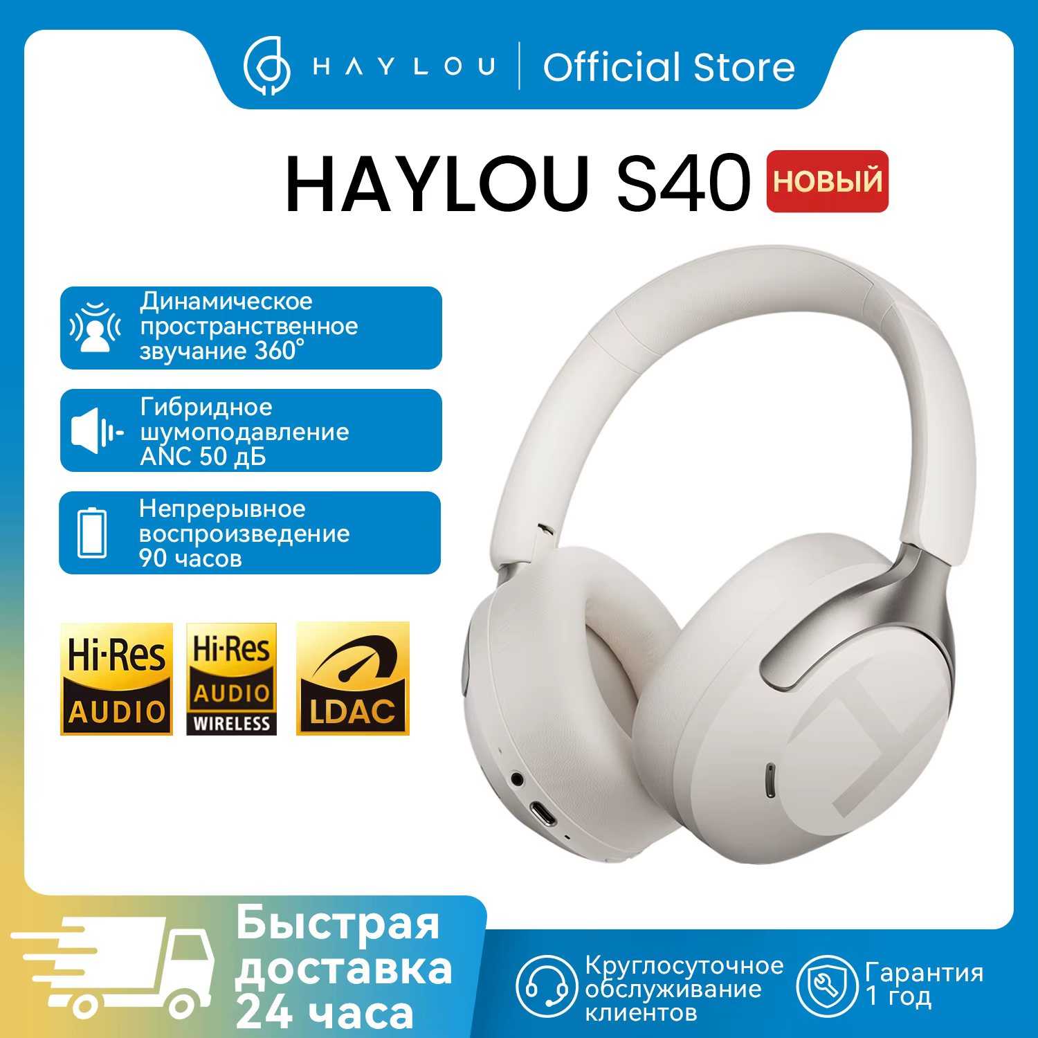 HAYLOU S40 ANC Wireless Headphones Bluetooth 6.0 Hi-Res Audio Over Ear Headset 50dB Hybrid Active Noise Cancellation Earphones