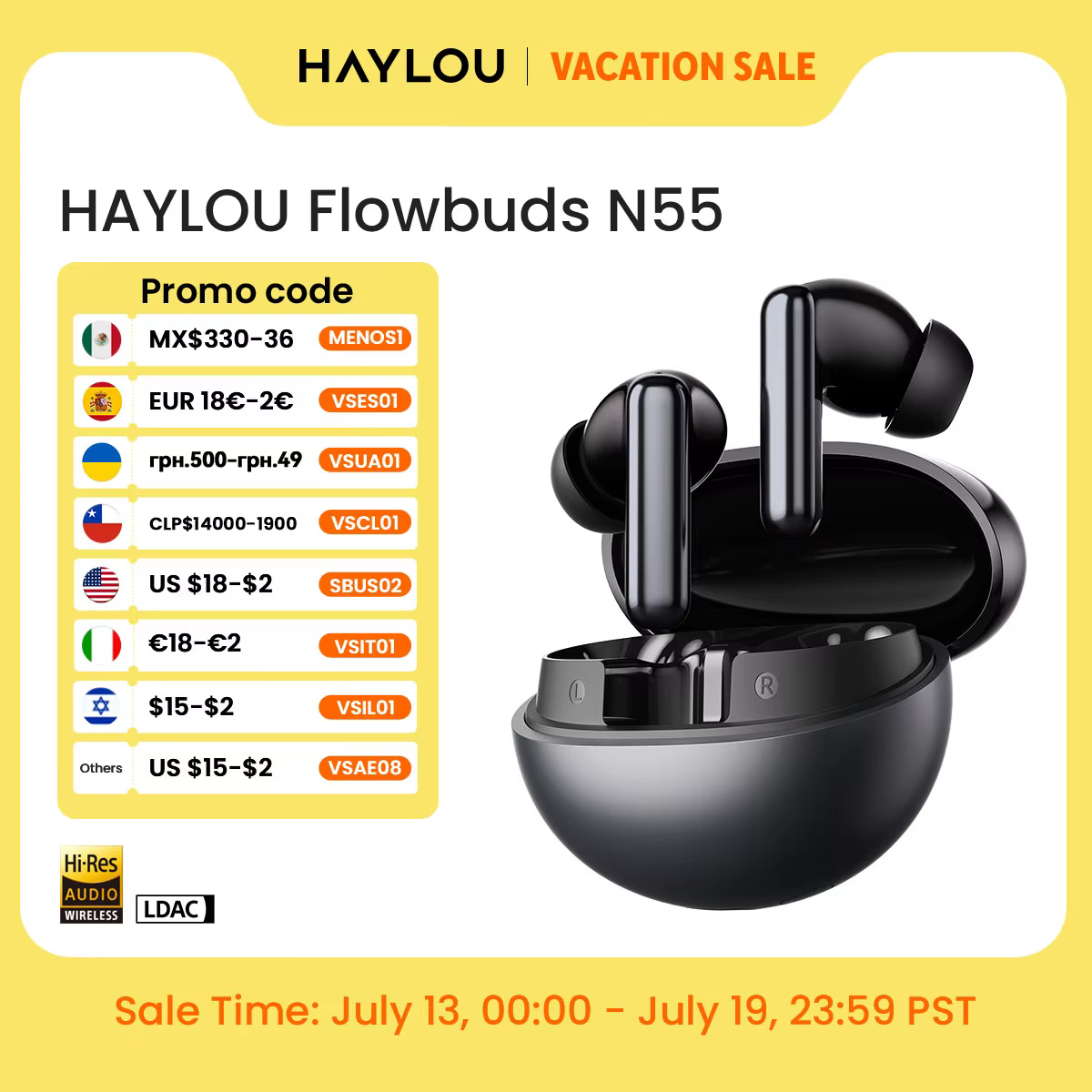 HAYLOU Flowbuds N55 Wireless Earbuds 54dB Adaptive ANC Bluetooth 6.0 LDAC Hi-Res Audio 6-Mic HD Call Earphones 40H Playback IPX5