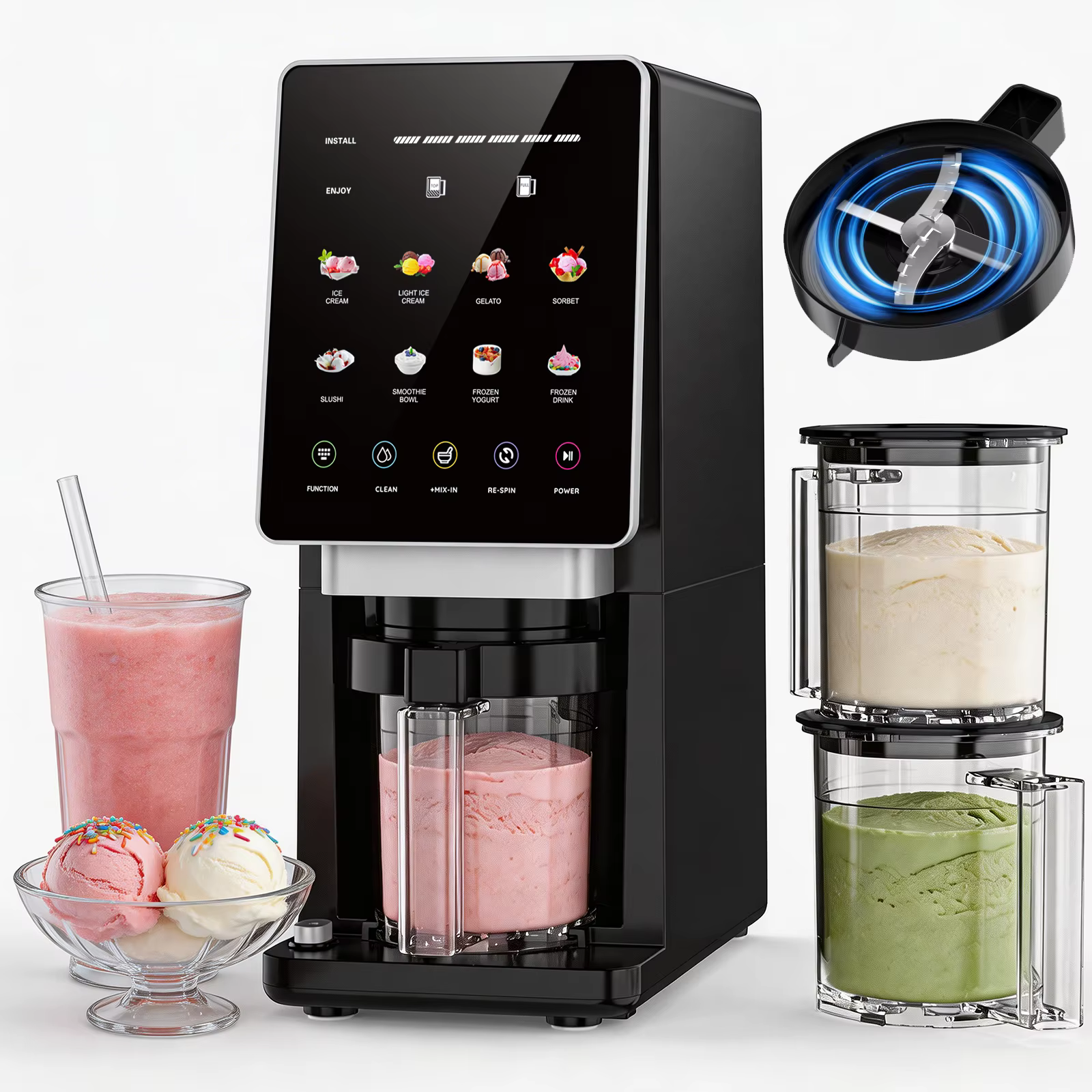 Teendow KF-2501U1 Ice Cream Maker with 8 Preset Programs, Self-Cleaning, Mix-In & Re-Spin Functions, Home Countertop Model for RVs, Trucks, Cars, Outdoors, and Family Use