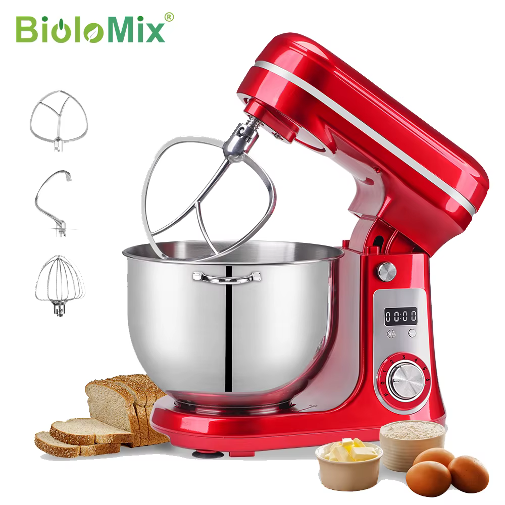 BioloMix Kitchen Food Stand Mixer, Blender, Cichy silnik, Trzepaczka do jajek, Ugniatarka do ciasta, 6-biegowa, 1200 W, 6 L, DC