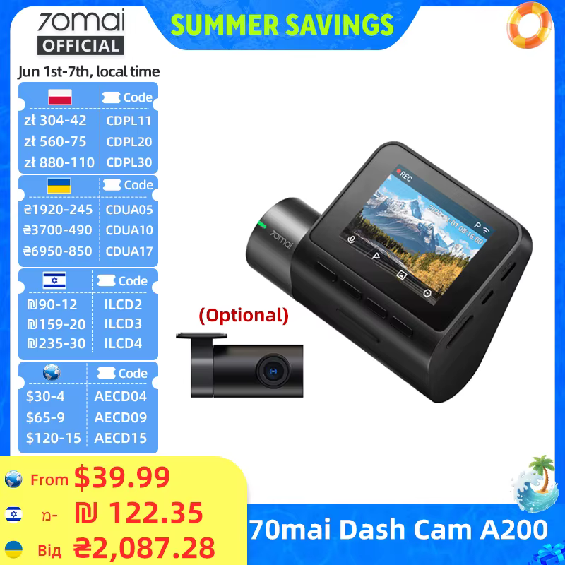70mai A200 DVR 1080P 2-kanałowy ekran LCD