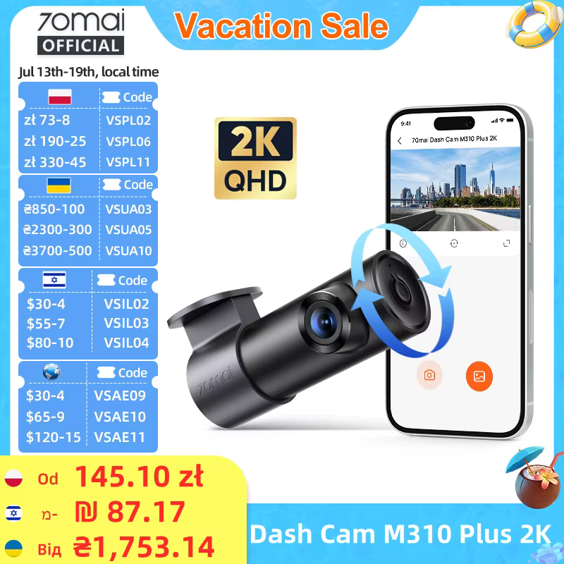 70mai Dash Cam M310 Plus 2K 1440P Night Vision F1.55 Aperture 24H Parking Mode Voice Control Car DVR 70mai M310 Plus 2K